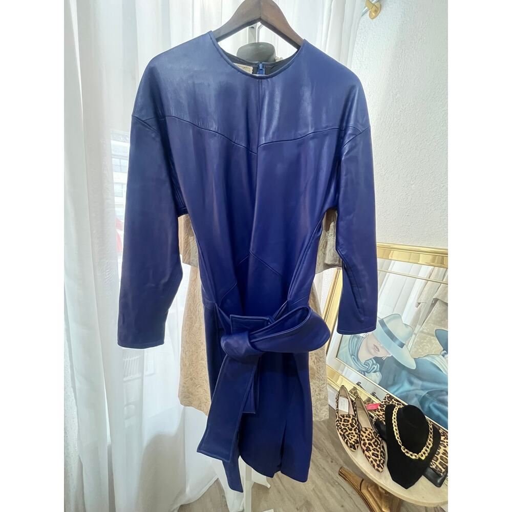 Vintage Hand-Sewn Royal Blue Leather Belted Midi Dress — Unique Statement Piece